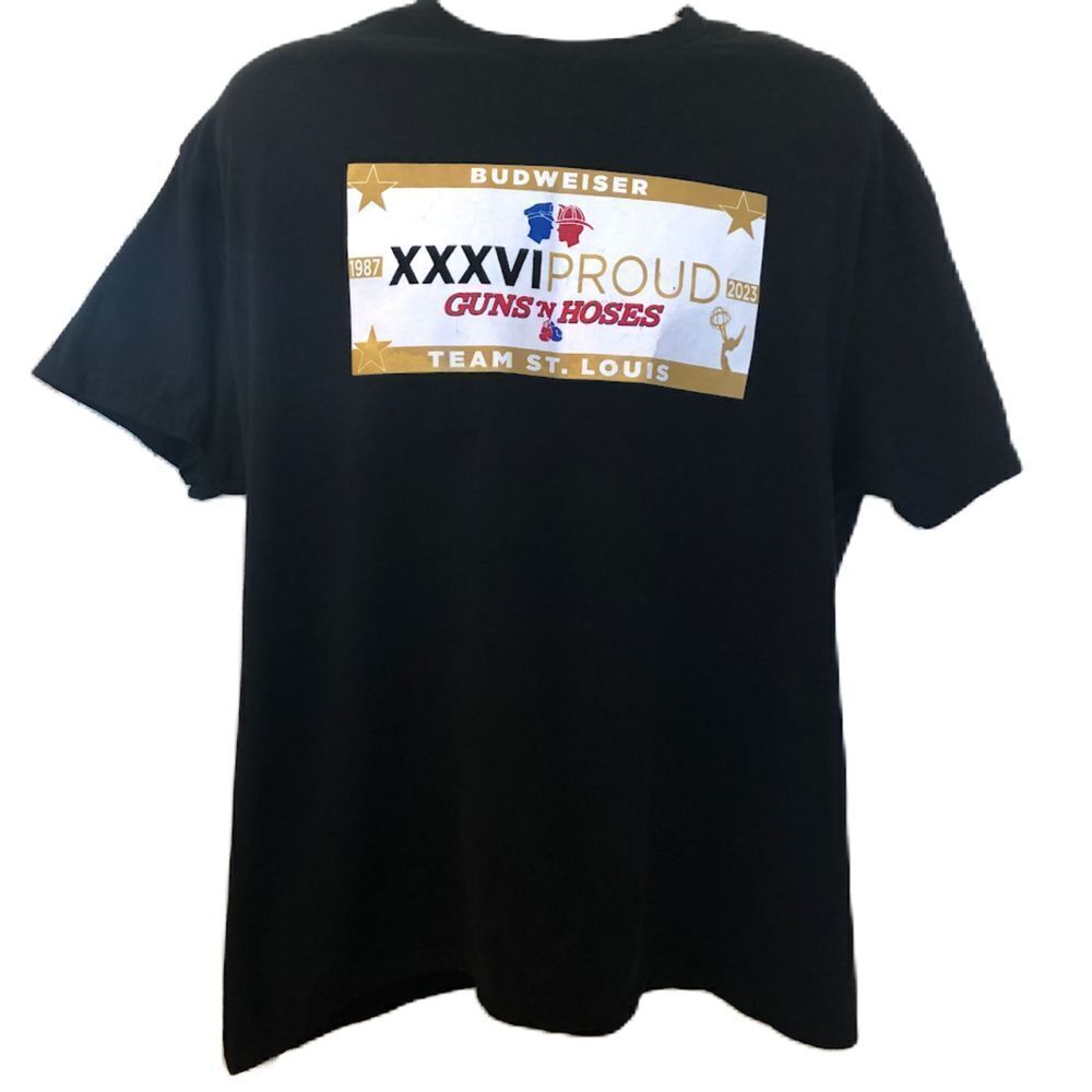 Budweiser Guns and Hoses Men's Unisex Black Graphic T-Shirt Team St. Louis XL